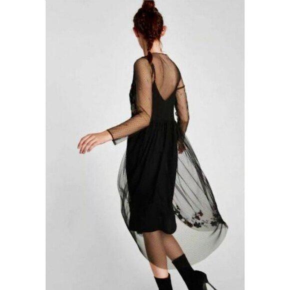 ZARA Dress S Black Floral Beads and Sequins Mesh Sheer Midi Long Sleeve Plumeti - Picture 2 of 15